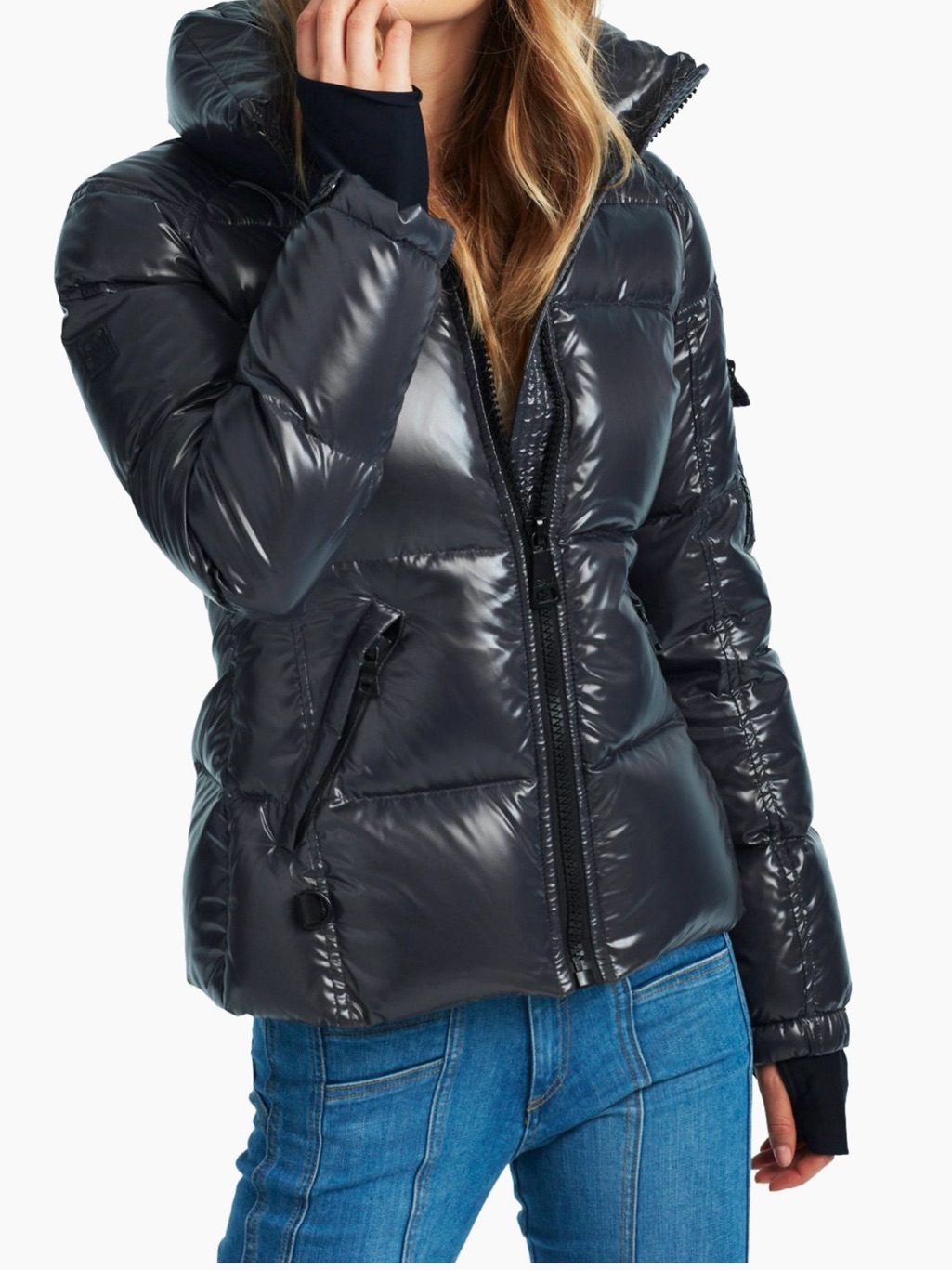Sam. Women's Shiny Black Quilted Puffer Jacket With Hood